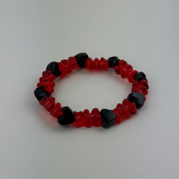 Handmade Red Gummy Bear Black Heart Beaded Stretch Bracelet Kandi Kawaii Goth #2 - Picture 3 of 10